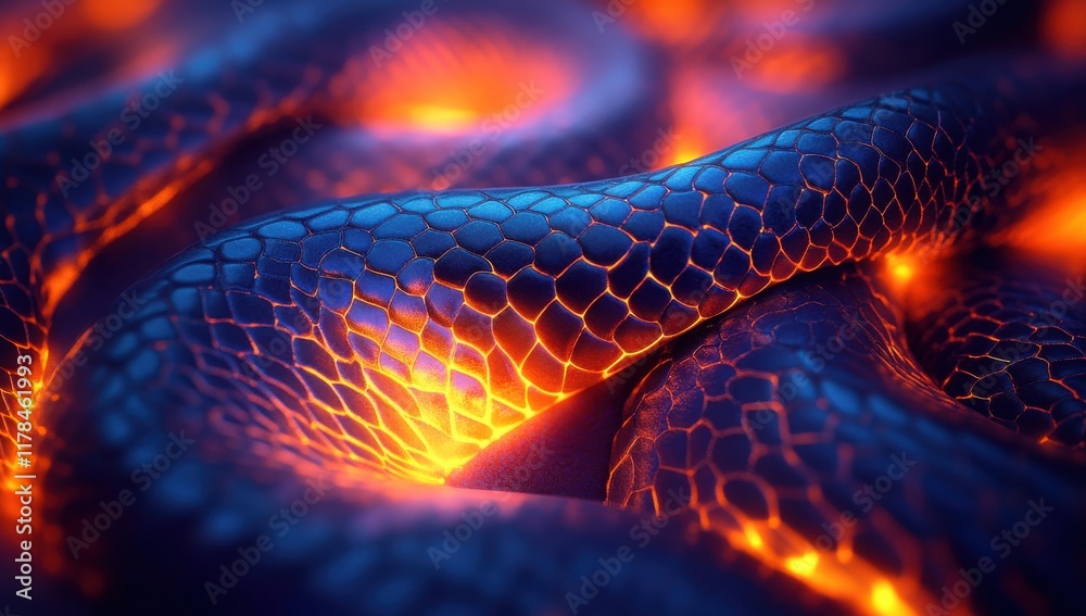 Abstract Close-Up of Textured Snake Skin with Glowing Orange and Blue Highlights, Displaying a Beautiful Blend of Natural Patterns and Colors in a Digital Artwork Abstract Close-Up of Textured Snake Skin with Glowing Orange and Blue Highlights, Displaying a Beautiful Blend of Natural Patterns and Colors in a Digital Artwork