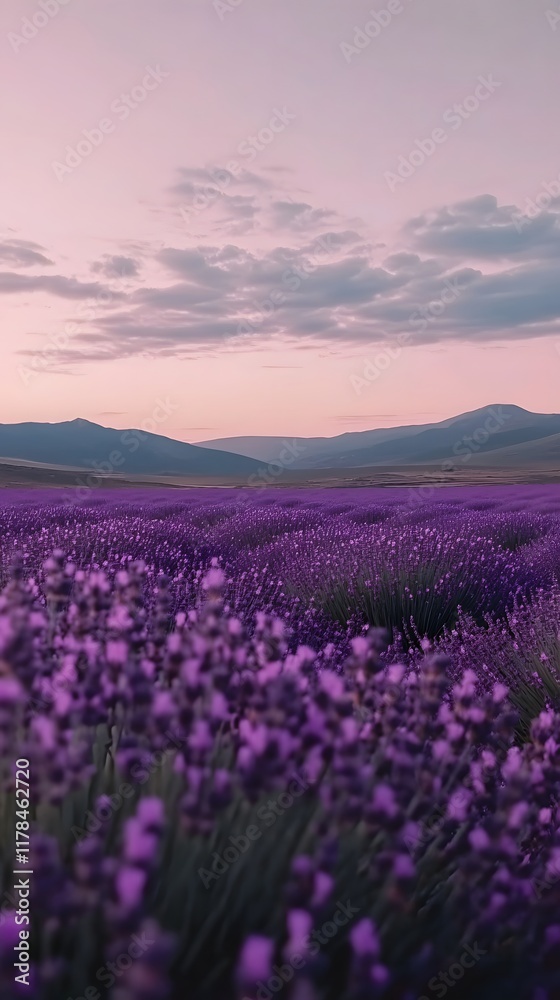 Obraz premium A serene lavender field under the twilight sky, with rows of purple flowers stretching to the horizon. captures the tranquility and beauty of nature