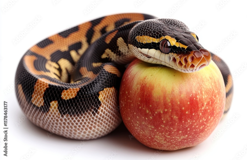 Obraz premium Captivating Close-Up of a Beautiful Python Snake Coiled Around a Fresh, Juicy Red Apple, Emphasizing Nature's Intriguing Contrast and Vibrant Colors