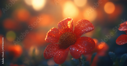 A close up of a red flower is surrounded by other flowers blurred. Concept of tranquility and natural beauty photo