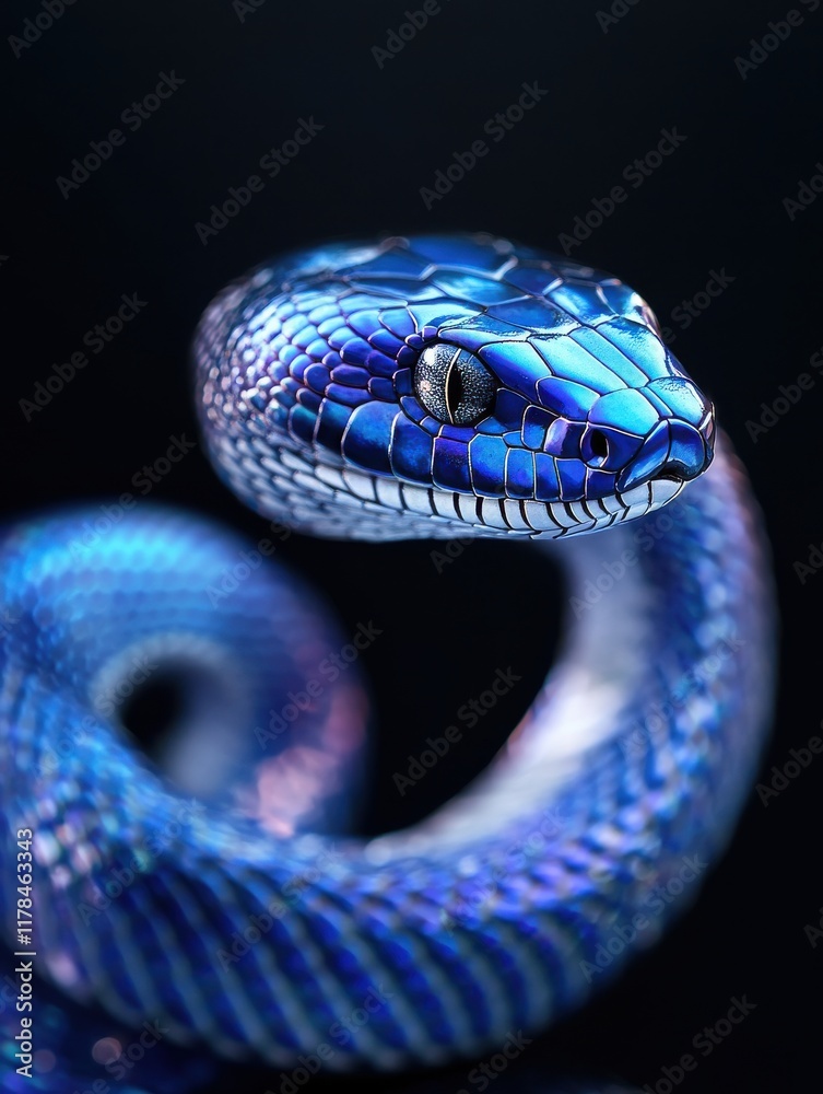 Obraz premium Captivating Close-Up of a Blue-Textured Snake Displaying Iridescent Scales Against a Dark Background, Highlighting Its Intricate Patterns and Unique Features