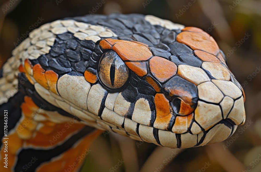 Captivating Close-up of a Colorful Snake with Distinctive Patterns, Highlighting Intricate Scales and Striking Eye, Perfect for Nature and Wildlife Photography Projects