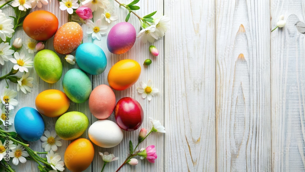 Obraz premium Colorful Easter Eggs with Flowers - Spring Background