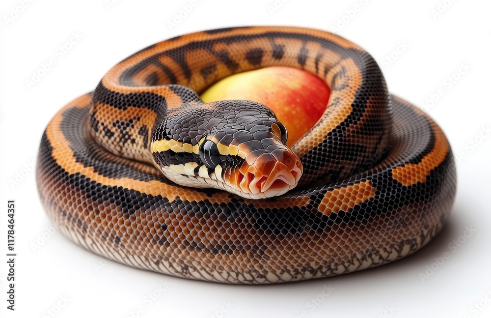 Obraz premium Captivating Python Snake Coiled Around Fresh Red Apple, Showcasing Striking Patterns and Unique Textures on a Vibrant White Background