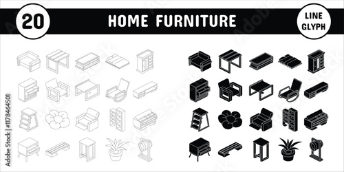 Home Furniture Line Glyph Vector Illustration Icon Sticker Set Design Materials