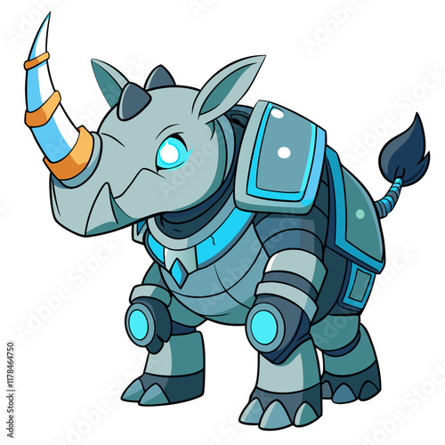 A robotic rhinoceros with a glowing horn and reinforced armor.