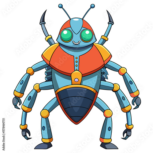 A robotic beetle with a shiny, colorful exoskeleton and strong pincers.