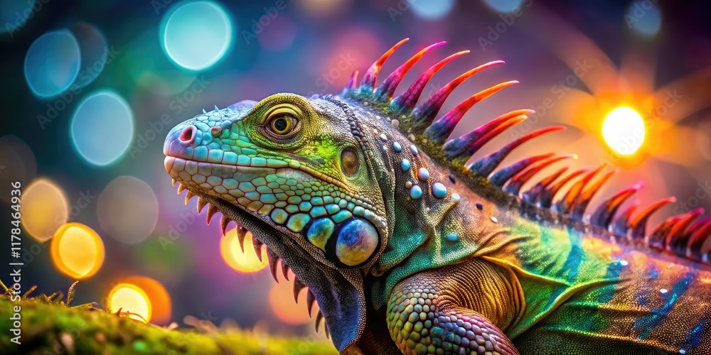 Obraz premium Colorful Iguana with Spiky Hair & Long Tail - Bokeh AI Art