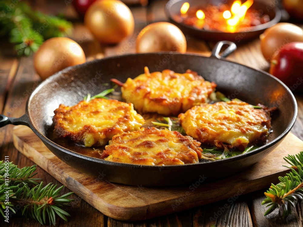 Crispy latkes, a Hanukkah staple, fry to perfection for a festive treat. Crispy latkes, a Hanukkah staple, fry to perfection for a festive treat.