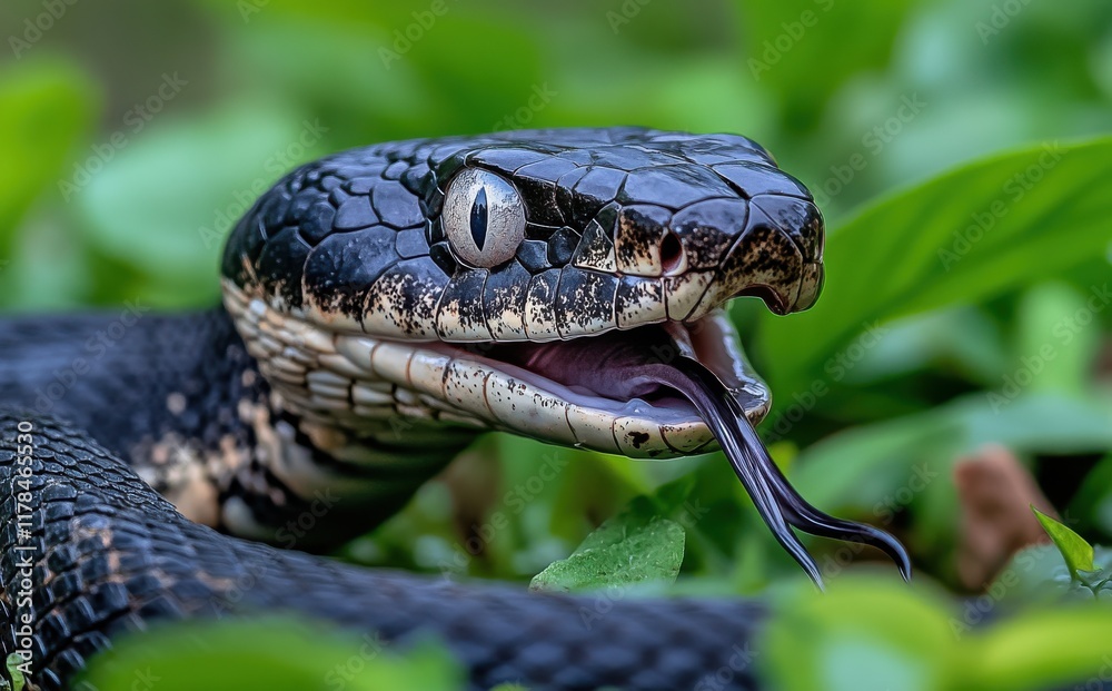 Fototapeta premium Close-Up of a Black Snake in Natural Habitat, Showcasing Intricate Scales and Lively Tongue Flick, Surrounded by Lush Greenery and Nature's Beauty