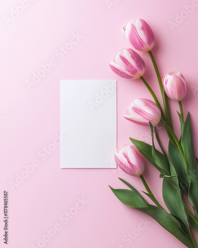 Delicate pink tulips rest beside a pristine card, all set against a soft pink backdrop, inviting heartfelt messages this Valentine's Day.