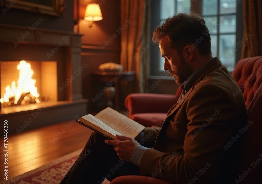 Cozy evening reading by the fireplace in a rustic cabin during winter Cozy evening reading by the fireplace in a rustic cabin during winter