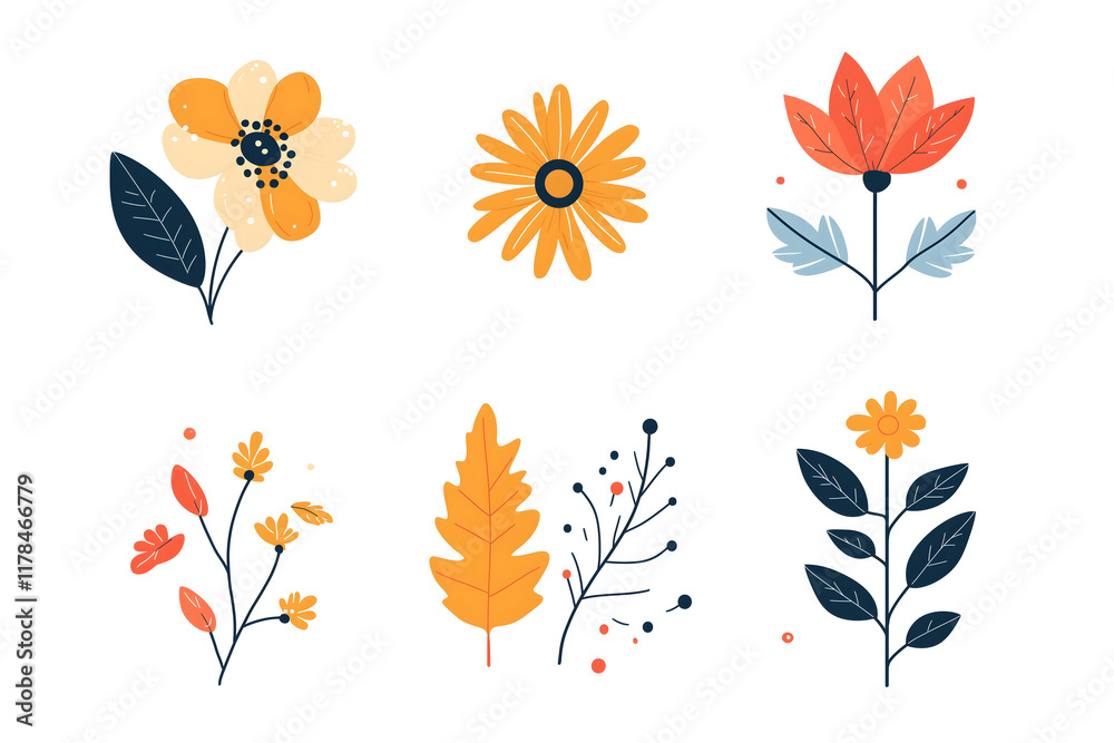 Fototapeta premium Illustration of Seasonal Floral and Botanical Icons – A Vibrant Collection of Flowers and leaves. A set of seasonal vector icons.