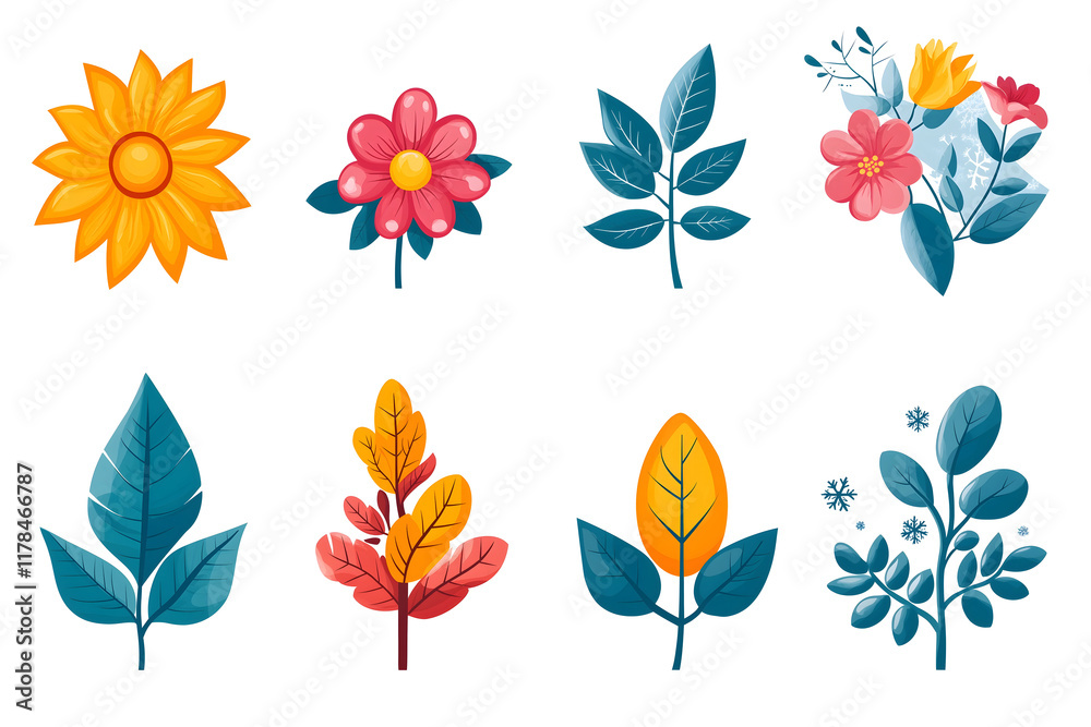 Fototapeta premium Illustration of Seasonal Floral and Botanical Icons – A Vibrant Collection of Flowers and leaves. A set of seasonal vector icons. 