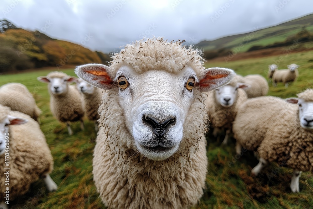 Fluffy White Sheep in a Picturesque Pasture Fluffy White Sheep in a Picturesque Pasture