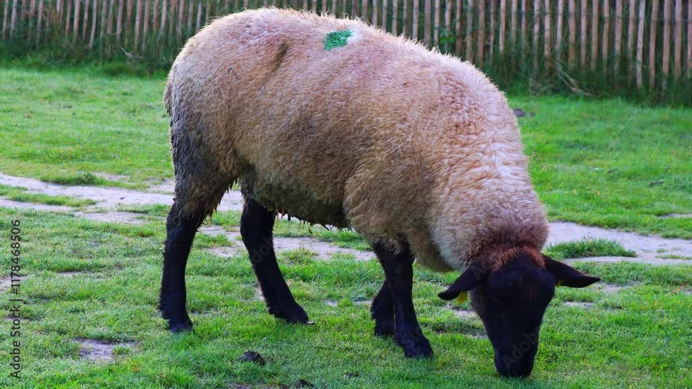 Sheep are grazing on a wide, green meadow.넓고 푸른 초원위에 양들이 풀을 뜯어먹고 있습니다.