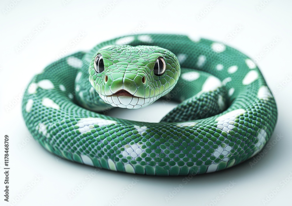 Close-Up of a Vivid Green Snake with Distinctive White Patterns on its Scales, Showcasing Its Beautiful Features Against a Light Background Close-Up of a Vivid Green Snake with Distinctive White Patterns on its Scales, Showcasing Its Beautiful Features Against a Light Background