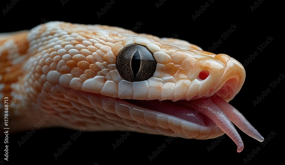 Obraz premium Close-up of an Exotic Snake with Unique Scales and Captivating Eye, Showcasing Details of Serpent Features Against a Dark Background