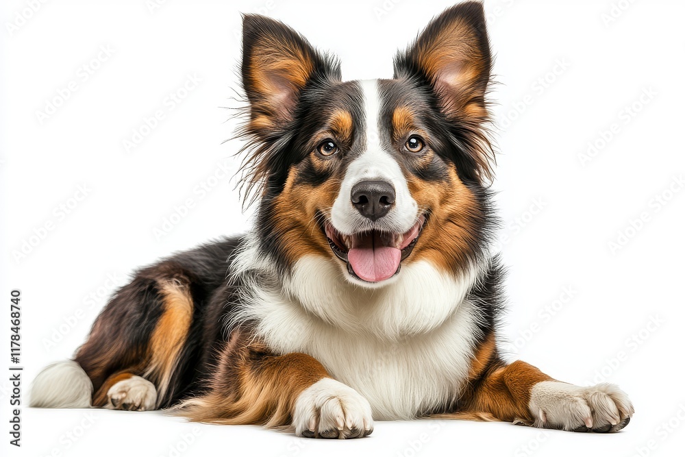Fototapeta premium Joyful Border Collie Relaxing: Full-Body Isolated Portrait on White