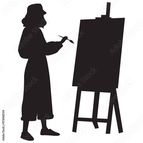 Person Drawing on Canvas Silhouette. Vector Illustration Design