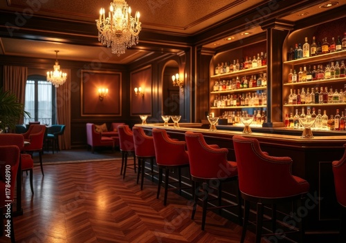 Elegant bar interior with crystal chandeliers and a well-stocked liquor display
