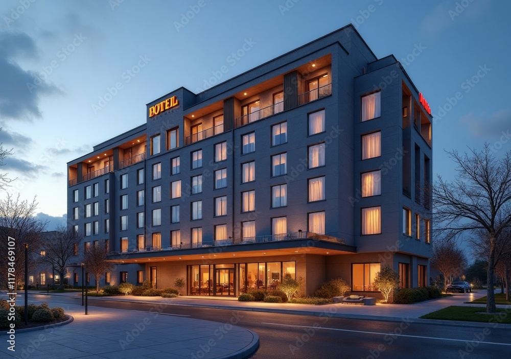 Fototapeta premium Modern hotel building at dusk with illuminated windows and surrounding landscape