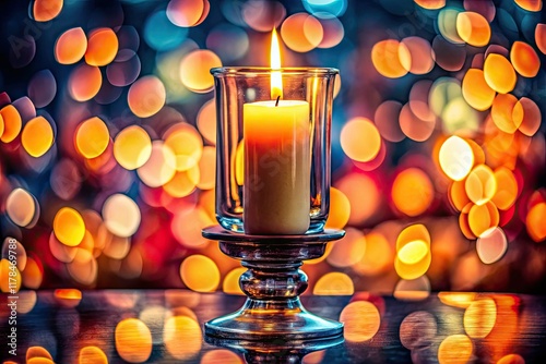 Glass candlestick, burning flame, bokeh-filled panorama.  A captivating candlelight photography study. photo