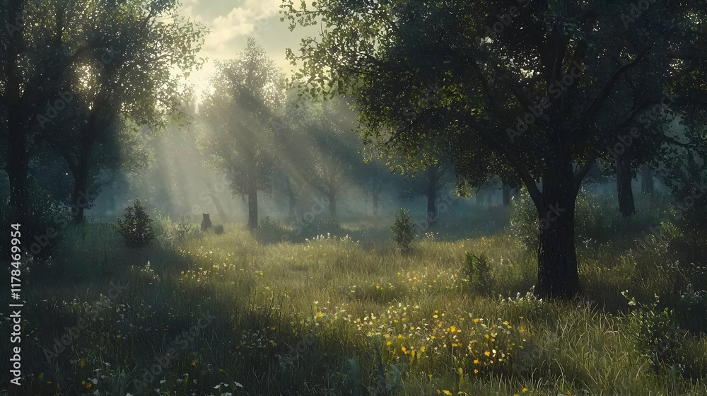 Sunbeams Illuminate Serene Forest Meadow Sunbeams Illuminate Serene Forest Meadow