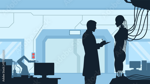 Scientist creates an artificial intelligence robot in the robotic lab. Vector illustration of scientist analyze the humanoid robot. Research of artificial intelligence robot in the experiment lab
