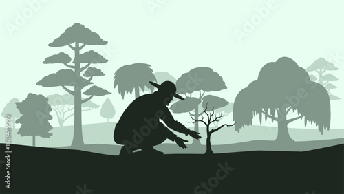 A person is planting a plant in the forest to help the environment. Vector illustration of a gardener planting sapling for reforestation. Afforestation to protect environment by planting small tree