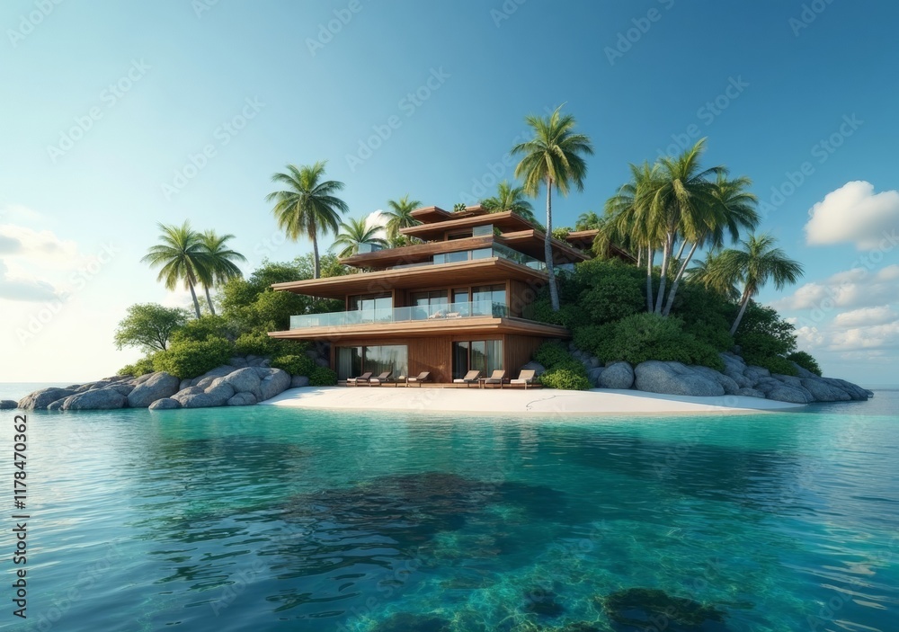 Fototapeta premium Luxurious beachfront villa surrounded by palm trees in a tropical paradise setting