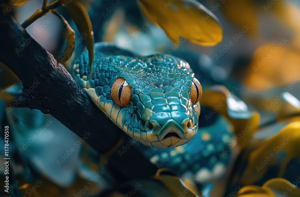 Fototapeta premium Colorful Green Tree Python Camouflaged Among Leaves in a Tropical Environment with Vibrant Colors and Intricate Scale Patterns Captured Up Close