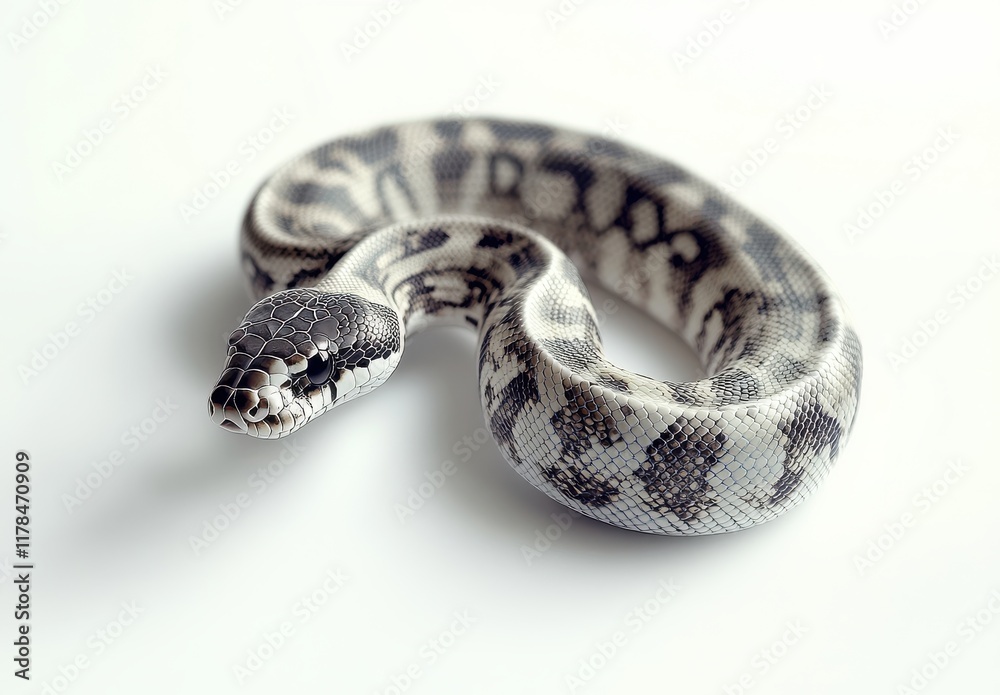 Obraz premium Elegant and Captivating White and Black Patterned Snake on a Light Background, Highlighting Its Unique Scales and Intriguing Form