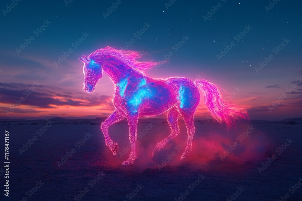 A horse is running in the desert with a purple and blue body. The sky is pink and purple A horse is running in the desert with a purple and blue body. The sky is pink and purple