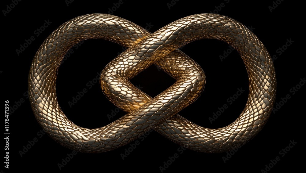 Fototapeta premium Golden Infinite Loop Symbol Representing Eternity, Continuity, and Unbreakable Bonds, Artistic Design with Textured Surface on Black Background for Creative Projects