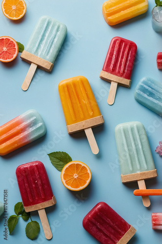 Colorful popsicles on pastel blue background 