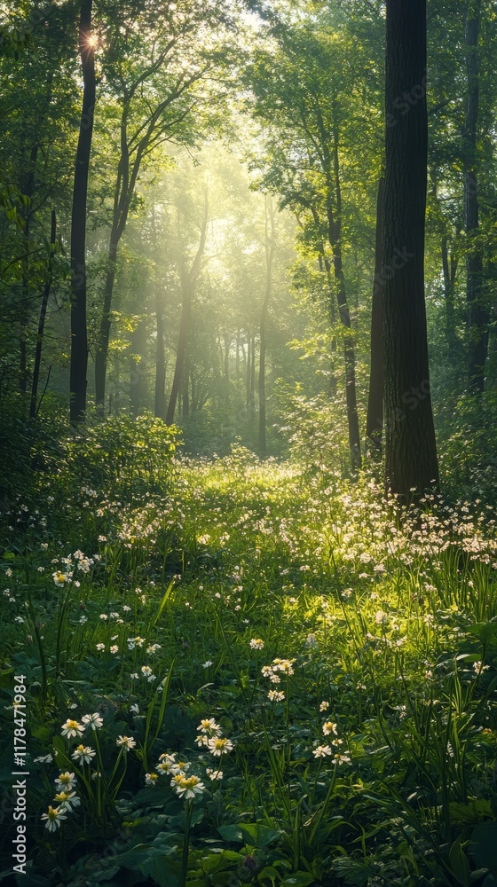Fototapeta premium A tranquil forest scene with sunlight filtering through trees, illuminating wildflowers and creating a peaceful atmosphere.