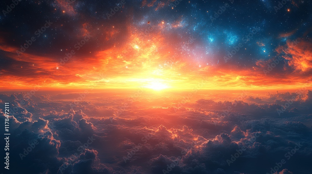 Fototapeta premium A stunning cosmic sunset over clouds, blending vibrant colors and celestial elements.