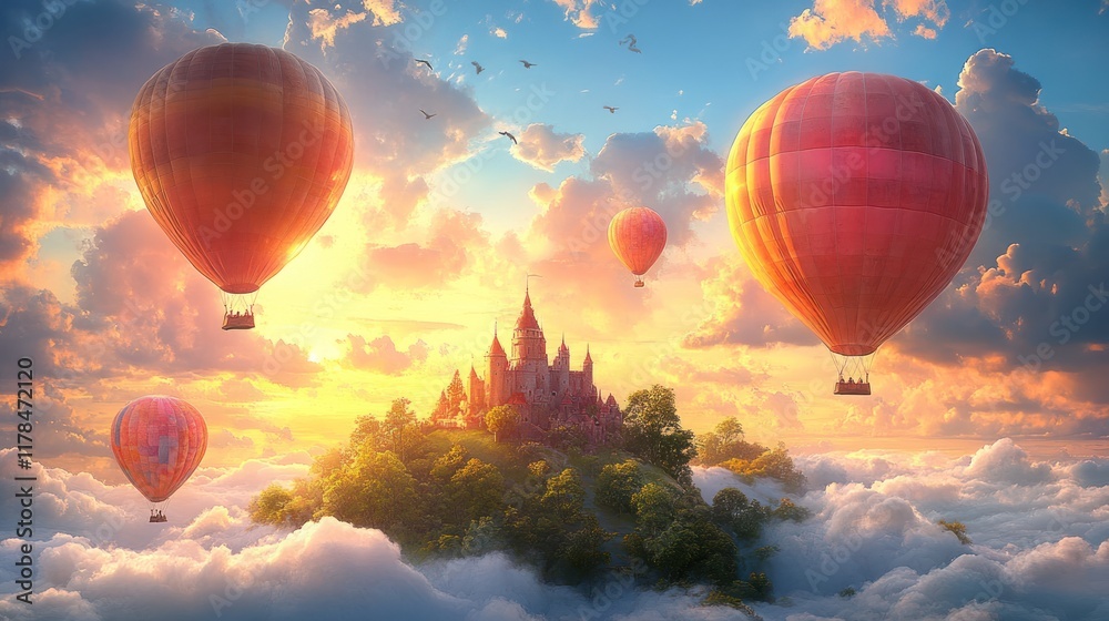 Fototapeta premium Hot air balloons float above a magical castle amidst vibrant clouds at sunset.