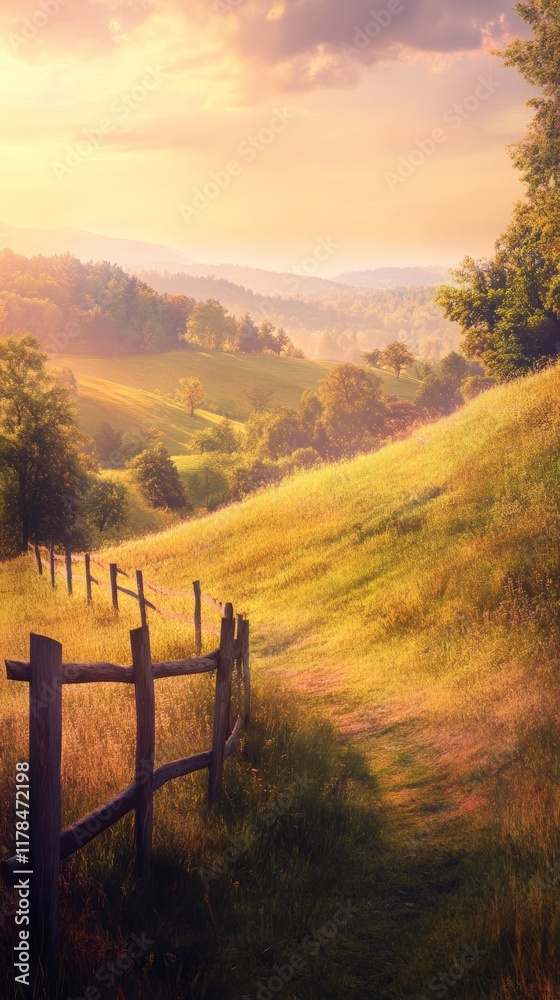 Fototapeta premium Tranquil rural scene featuring rolling hills, a wooden fence, and a warm sunset glow, capturing the peaceful essence of nature.