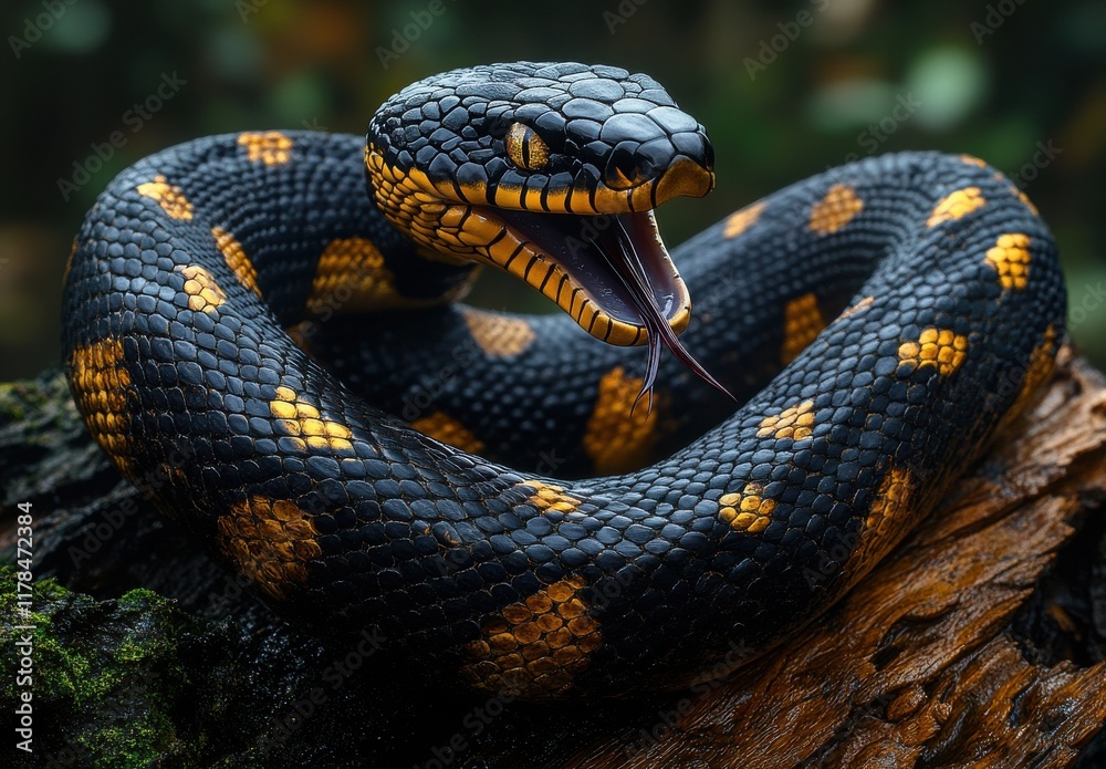 Majestic Black and Yellow Snake Displaying Fangs in a Natural Forest Habitat, Captured with Stunning Detail to Showcase Its Beautiful Scales and Vibrant Colors Majestic Black and Yellow Snake Displaying Fangs in a Natural Forest Habitat, Captured with Stunning Detail to Showcase Its Beautiful Scales and Vibrant Colors