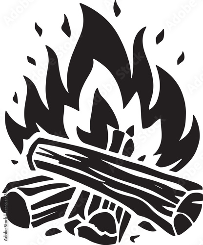 black and white illustration of a campfire with burning logs ideal for outdoor adventure designs camping themes or wilderness survival related graphics
