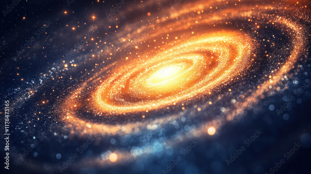 Fototapeta premium Glowing spiral galaxy with bright center and swirling stars