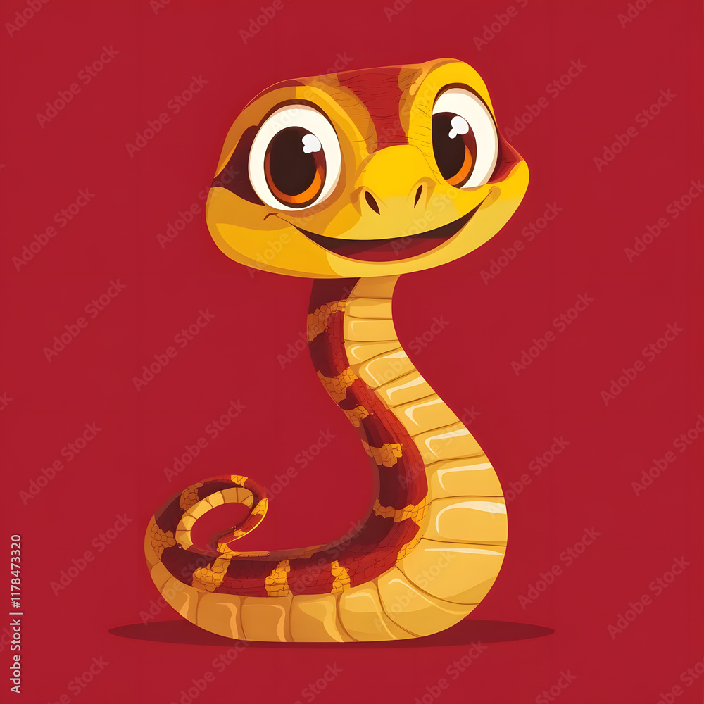 Fototapeta premium Cheerful cartoon snake with friendly expression on red background. This playful character features bright colors and charming smile, perfect for children illustrations