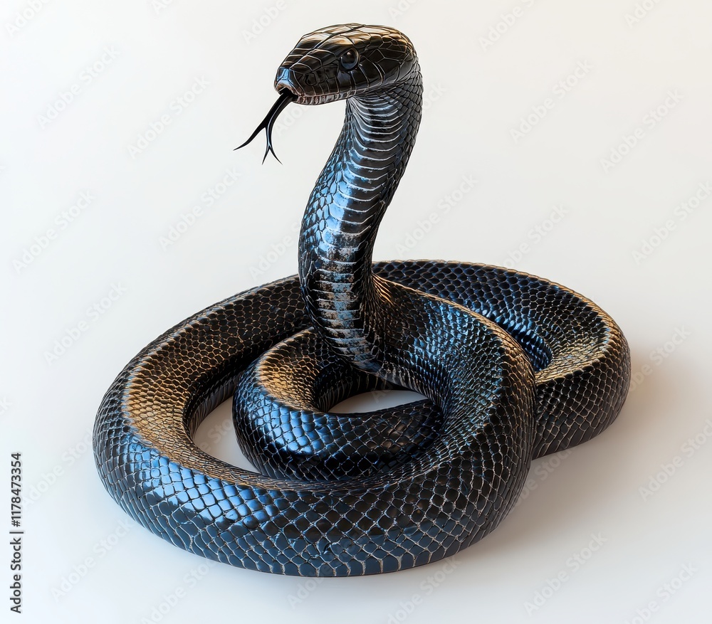 Fototapeta premium Realistic 3D Render of a Glossy Black Snake Coiling with Intricate Details Showcasing Scales, Tongue, and Natural Posture Against a Minimalist Background