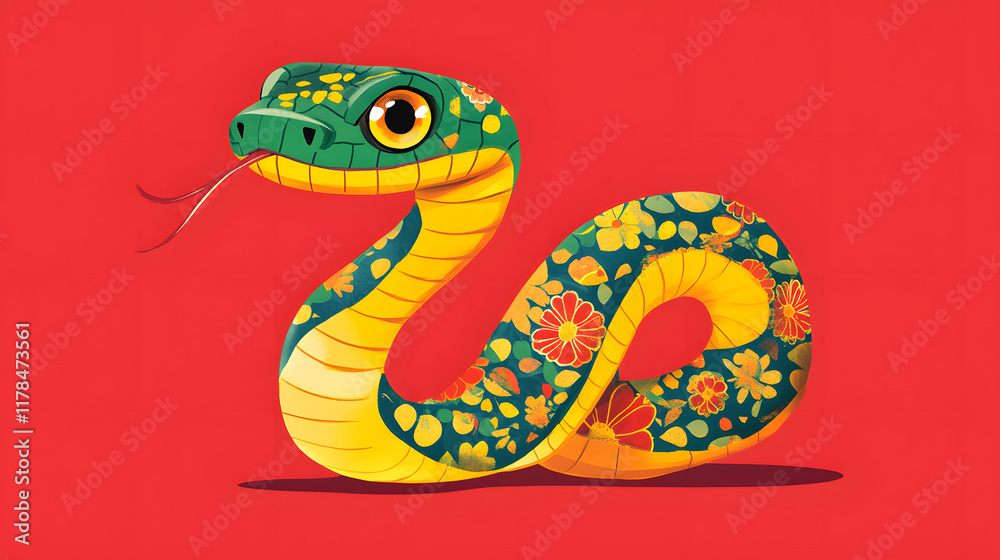Obraz premium vibrant cartoon snake with floral patterns and bright colors, set against red background, exudes playful and cheerful vibe. This unique design captures attention and sparks joy
