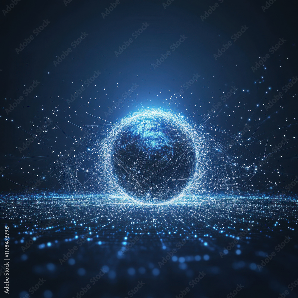 Obraz premium glowing blue sphere composed of lines and dots in digital space