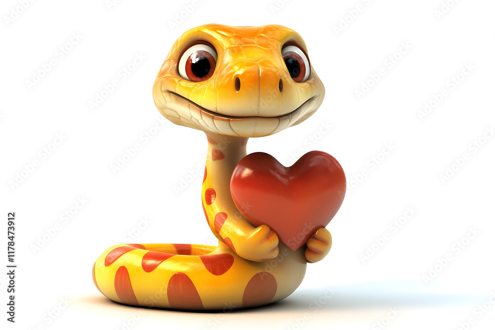 Fototapeta premium Playful cartoon snake holding heart, showcasing cheerful expression. This vibrant character embodies joy and affection in whimsical design