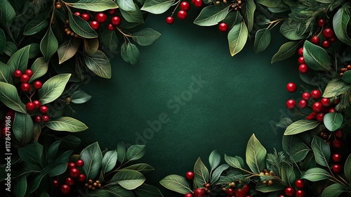 A dark green Christmas background featuring a mistletoe frame, evoking festive holiday cheer with a classic touch of Christmas magic photo