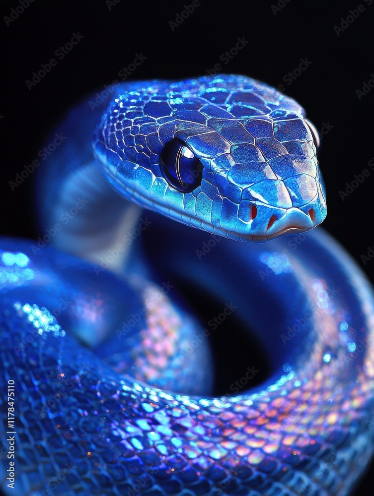 Fototapeta premium Stunning Close-Up of a Vibrant Blue Snake with Captivating Scales and Intricate Patterns on a Black Background in High Definition